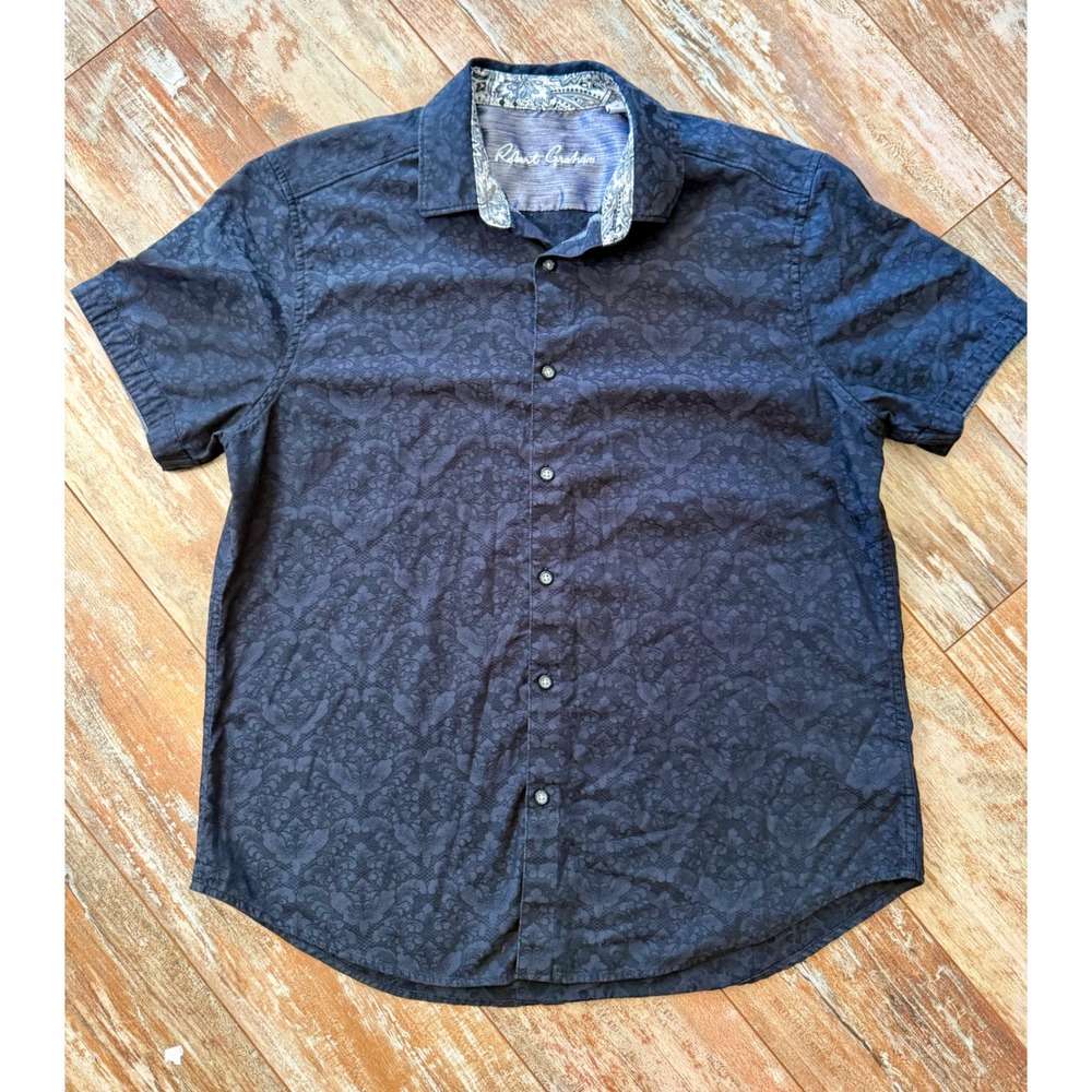 Robert Graham Mens XL Black Floral Jacquard Shirt Short Sleeve Classic Fit